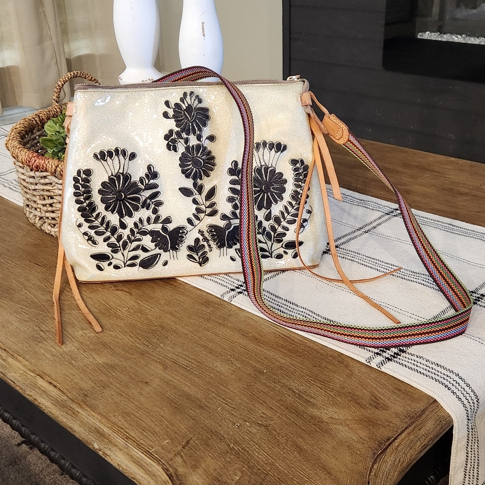 Floral Embroidered Cream and Black Consuela Women's Bag